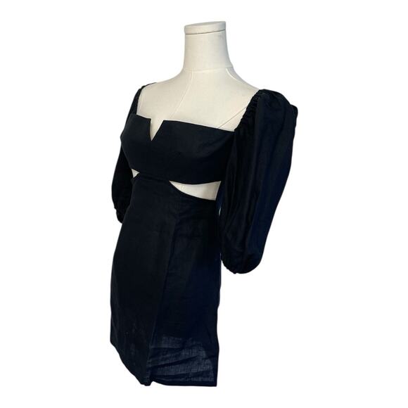 NWT Rumer x Revolve Freya Mini Linen Puff Sleeve Cutout Dress Black Size Medium - Picture 2 of 6